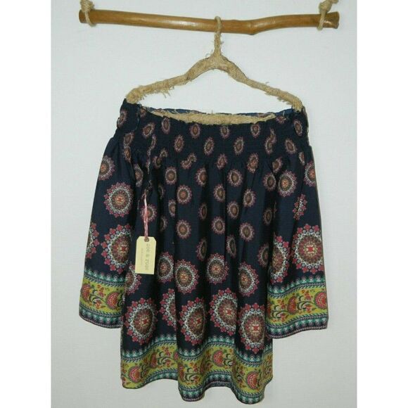 Band of Gypsies Zoe & Rose Dress Blue Floral Off The Shoulder‎ Bell Sleeves Mini - Picture 13 of 16